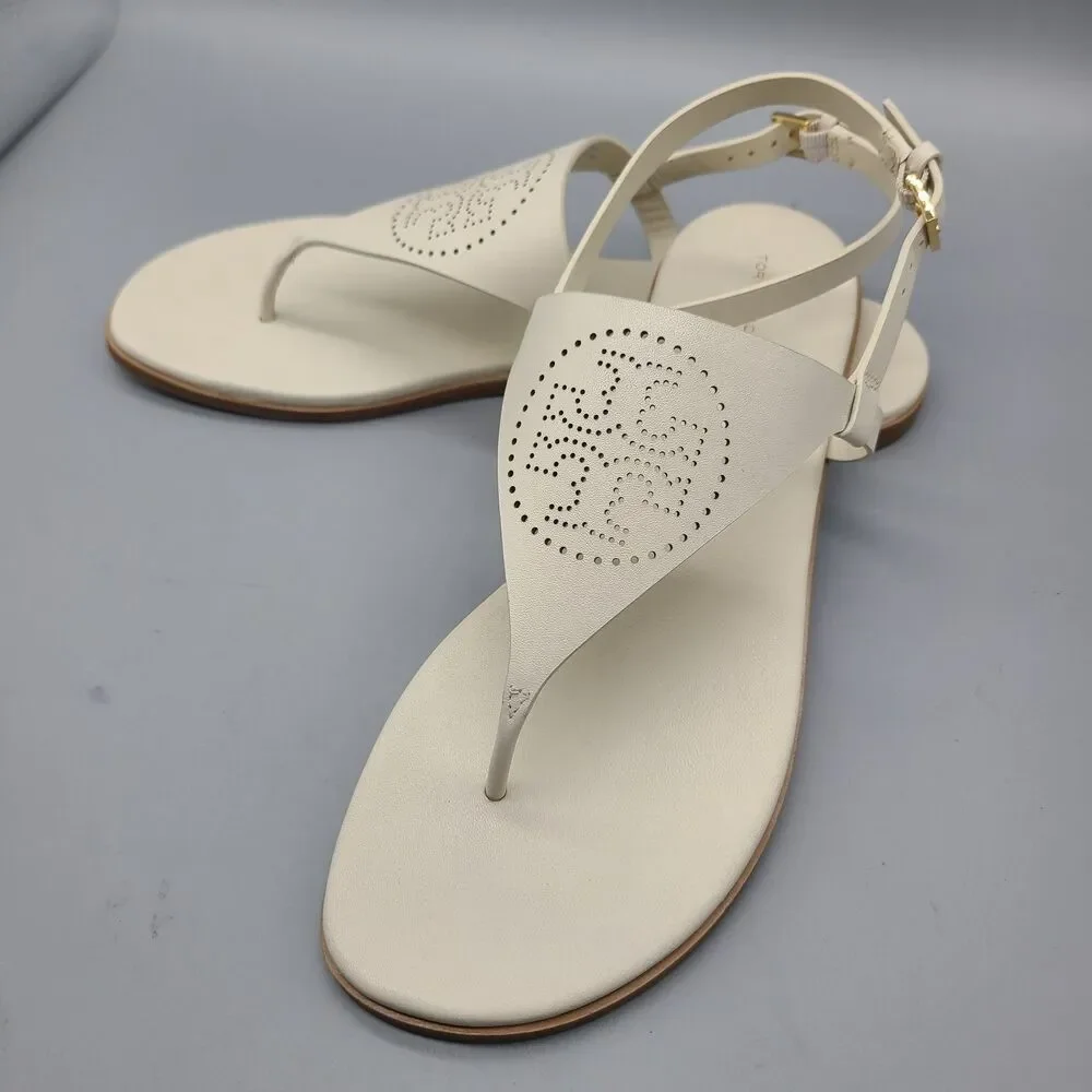 TORY BURCH CAPRI Perforated Logo White Leather Thong Flat Sandals  Sz 10.5 New